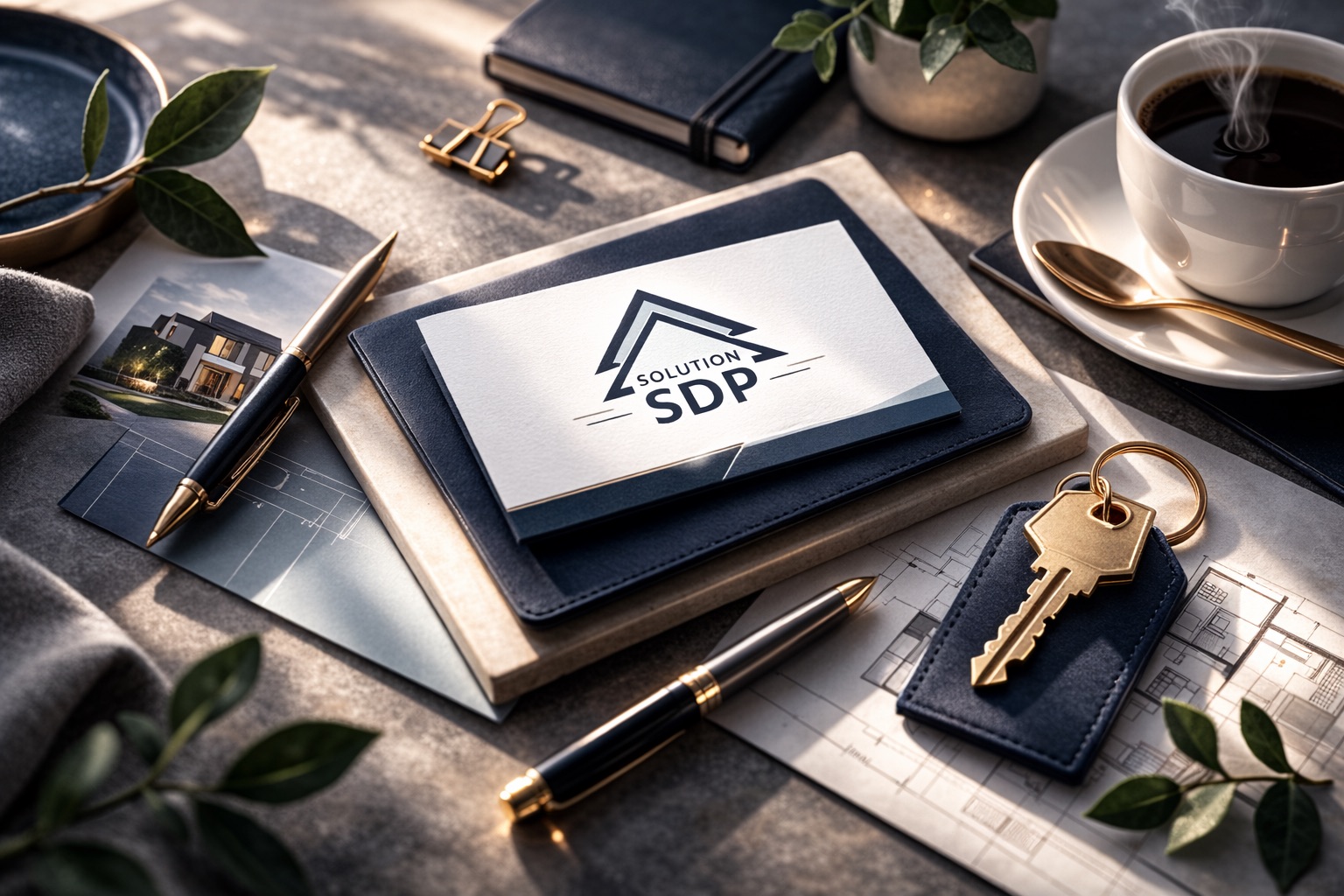 Luxury real estate branding flat lay